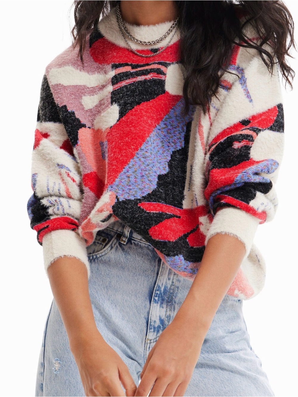 Desigual Crewneck Sweater in Red, Cream & Black Abstract Print L soft colorful